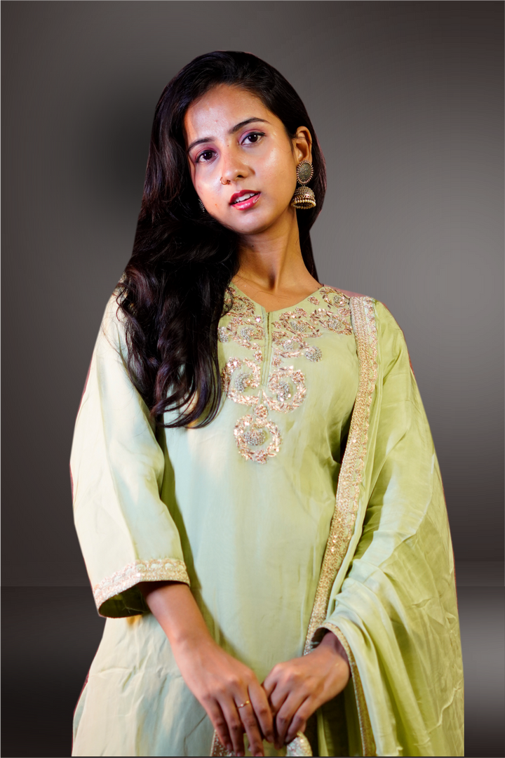 Pure Organza Hand Worked Top With Lace Bordered Dupatta Salwar Kameez