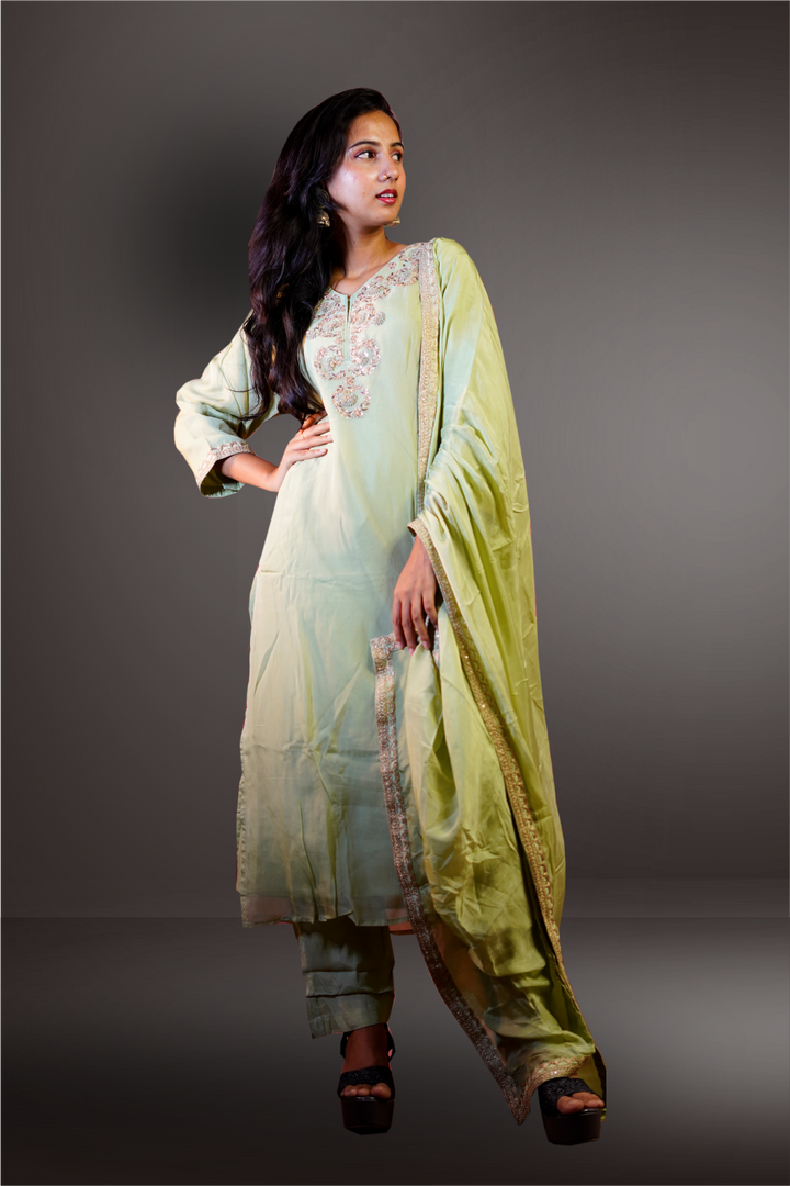 Pure Organza Hand Worked Top With Lace Bordered Dupatta Salwar Kameez