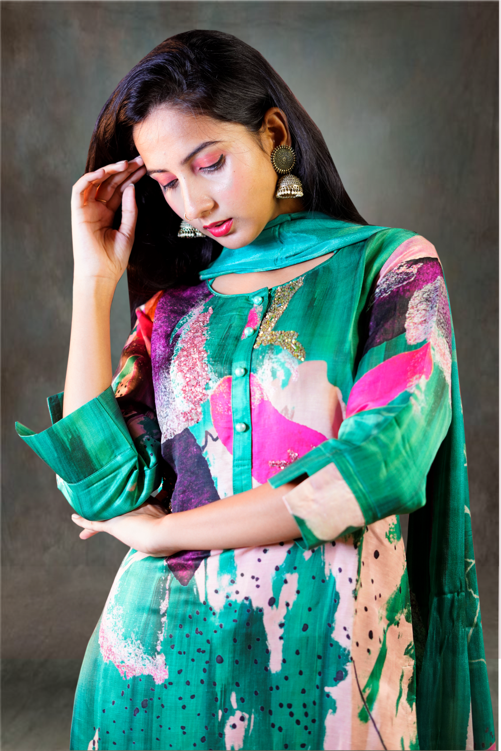 Green Color Silk Printed Hand Worked Salwar Kameez