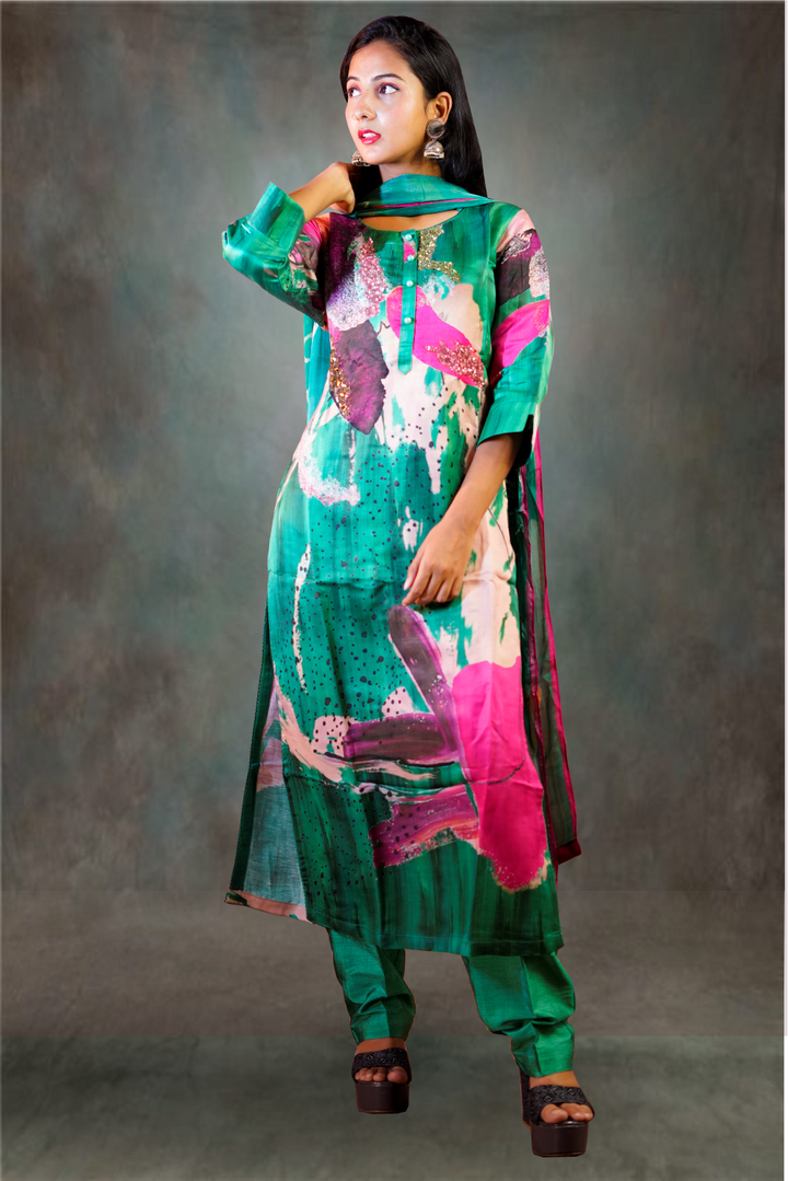 Green Color Silk Printed Hand Worked Salwar Kameez