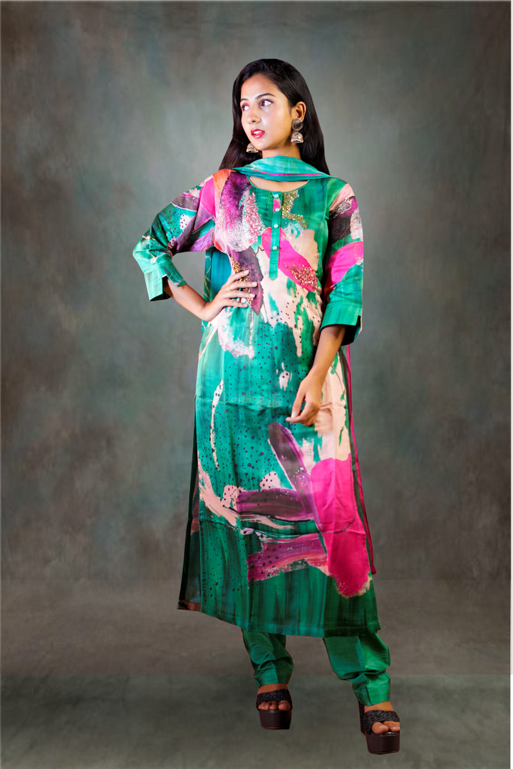 Green Color Silk Printed Hand Worked Salwar Kameez