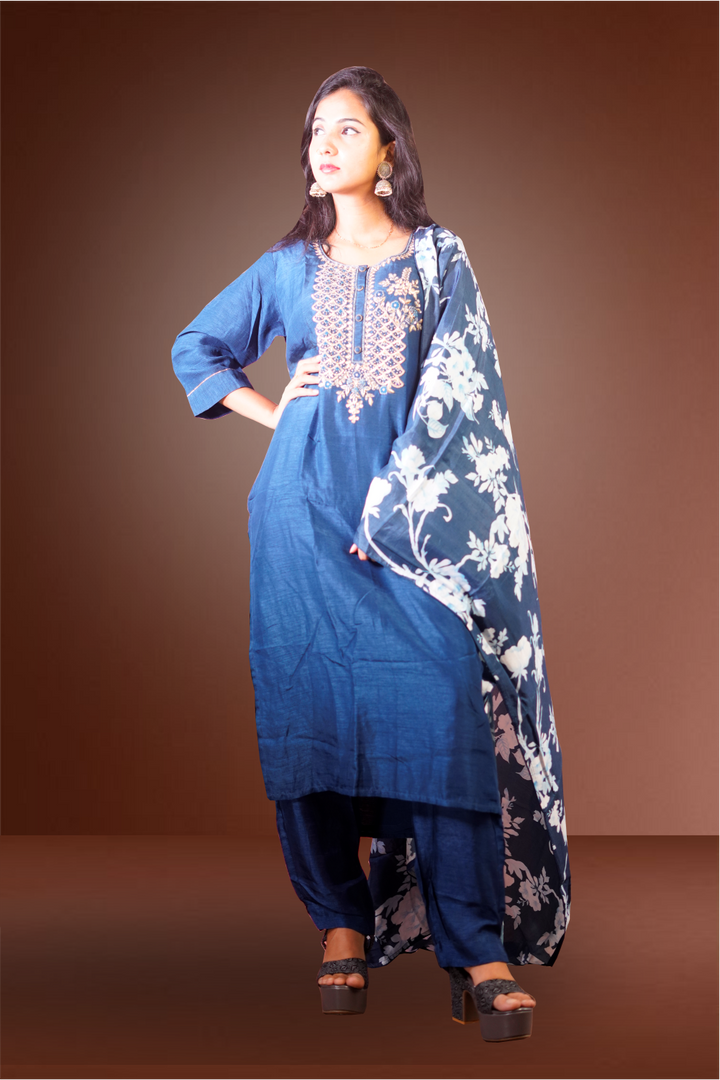 Blue Color Semi Raw Silk Salwar Kameez