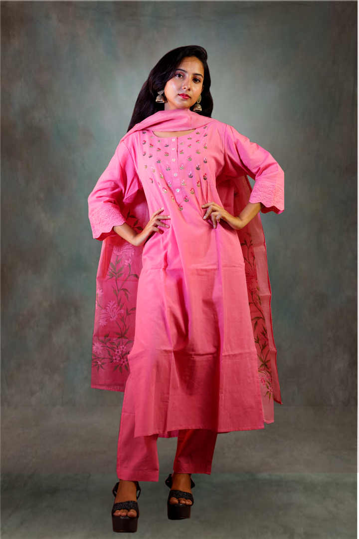 Light Pink Color Cotton Thread Embroidery Work Salwar Kameez