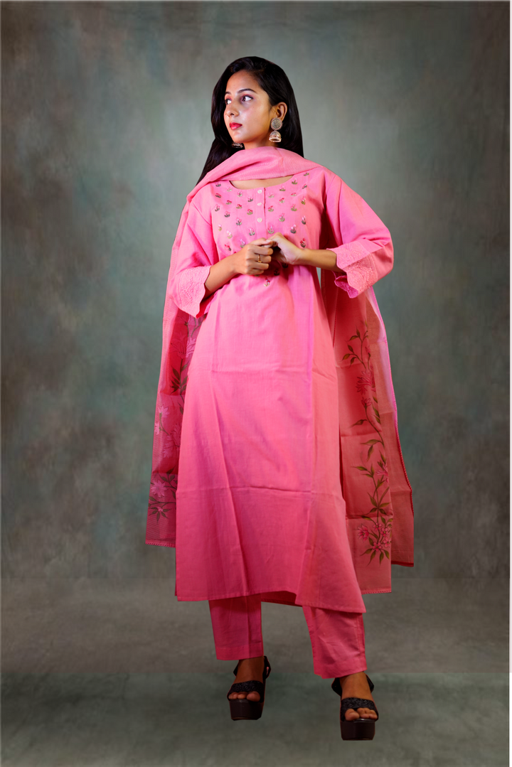 Light Pink Color Cotton Thread Embroidery Work Salwar Kameez