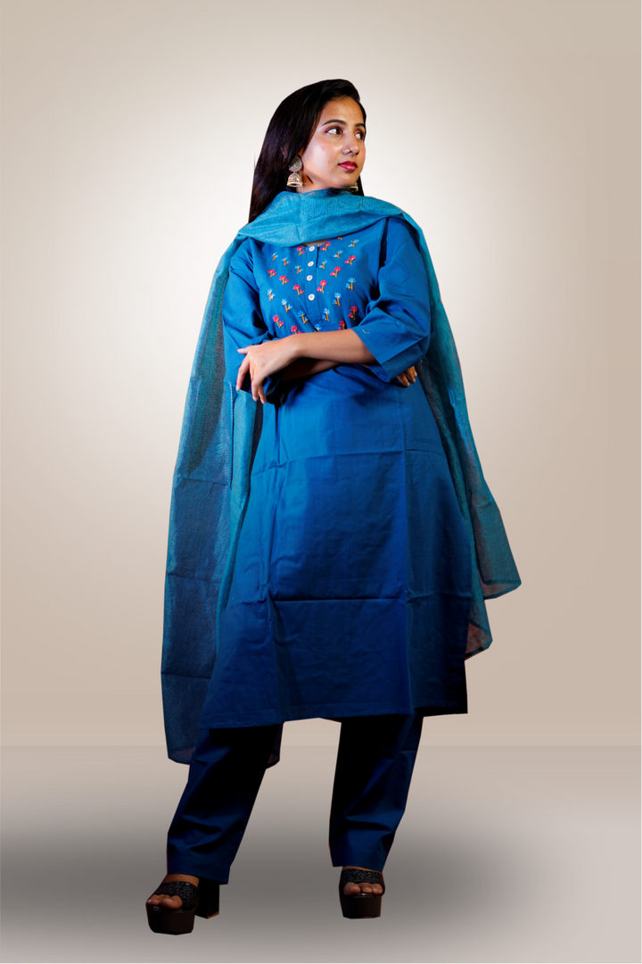 Peacock Blue Color Cotton Thread Embroidery Worked Salwar Kameez