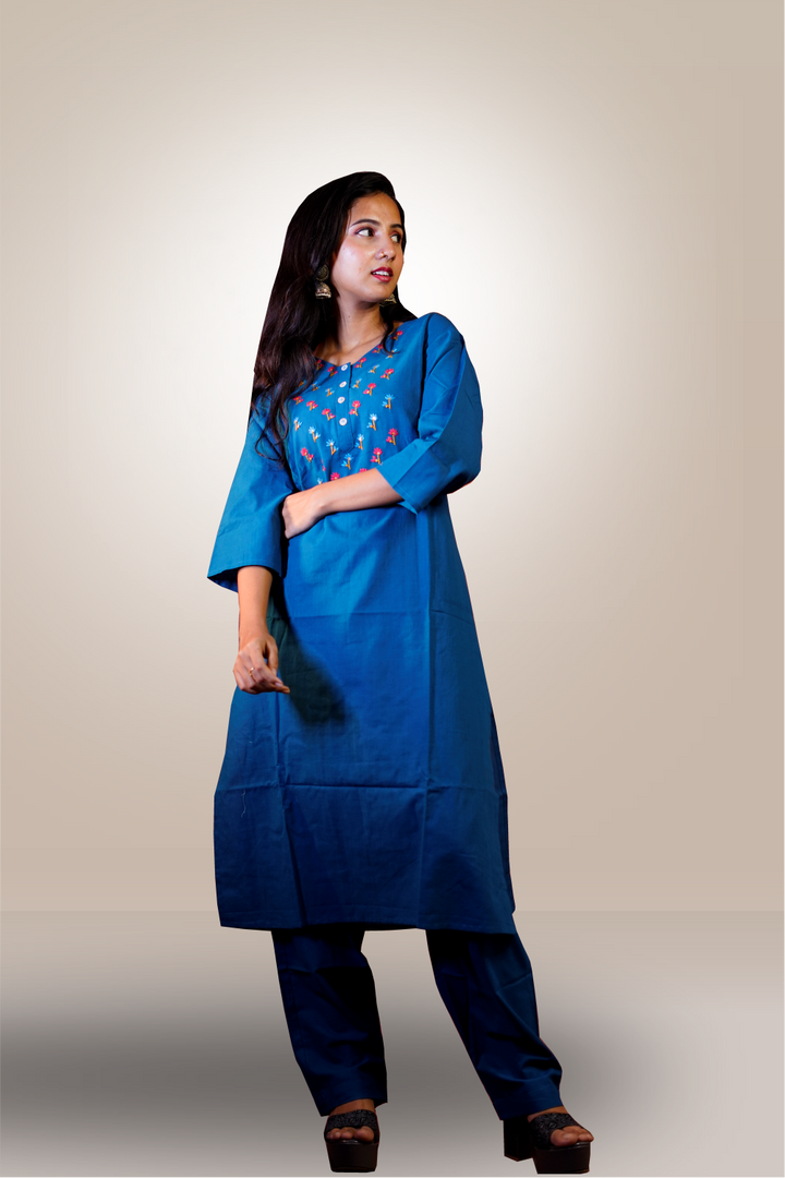 Peacock Blue Color Cotton Thread Embroidery Worked Salwar Kameez