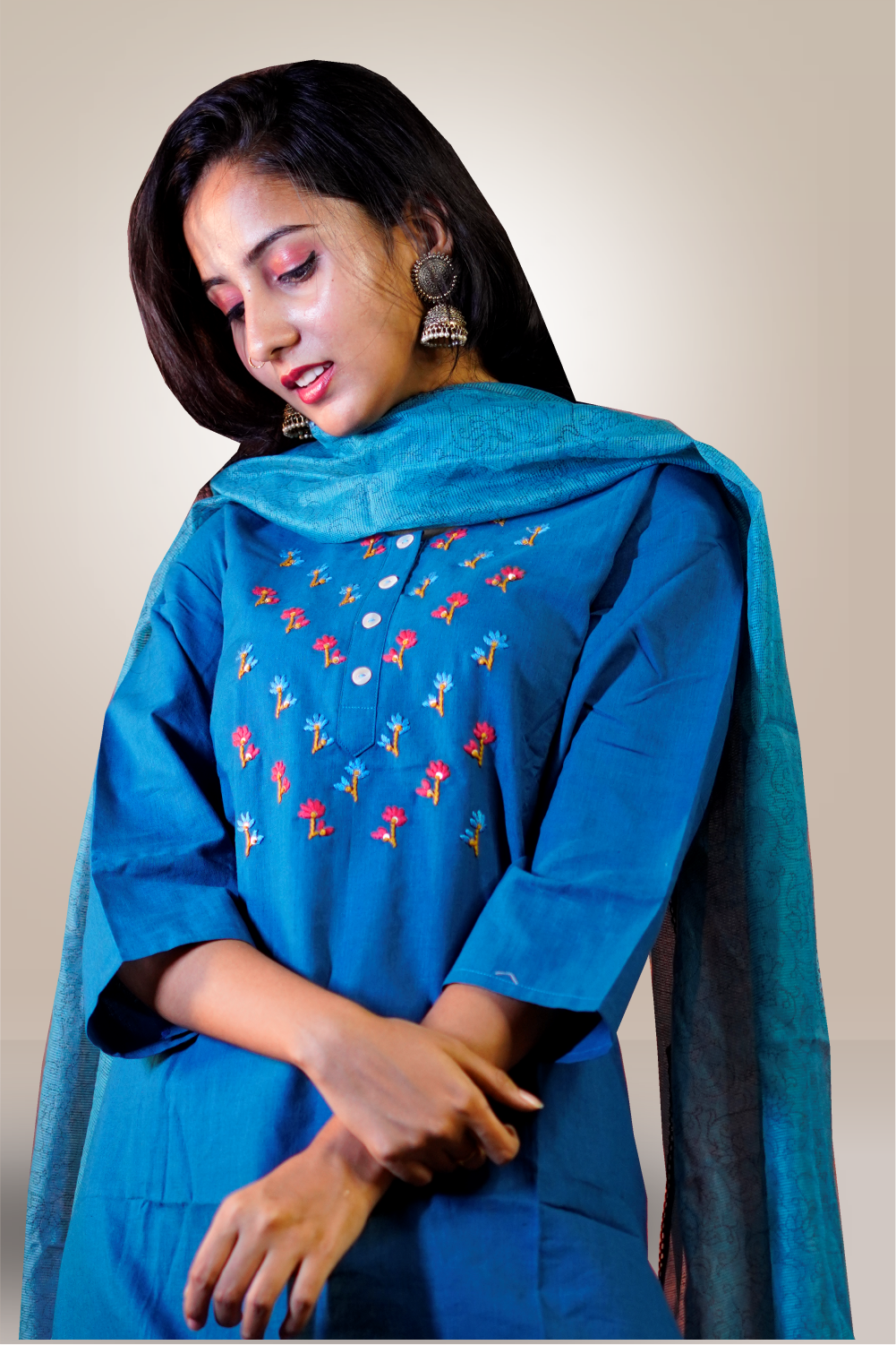 Peacock Blue Color Cotton Thread Embroidery Worked Salwar Kameez