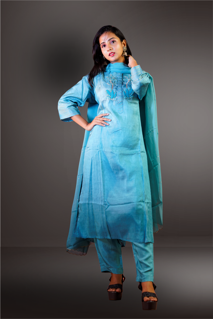 Sky Blue Semi Silk Top Bead Worked Salwar Kameez