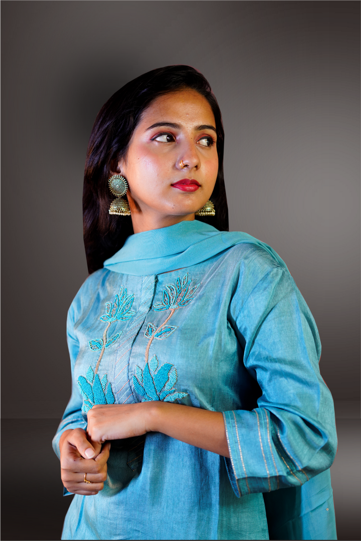 Sky Blue Semi Silk Top Bead Worked Salwar Kameez