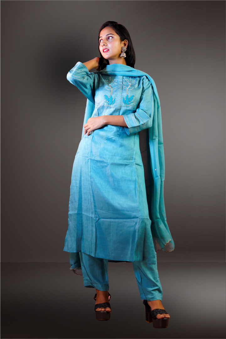 Sky Blue Semi Silk Top Bead Worked Salwar Kameez