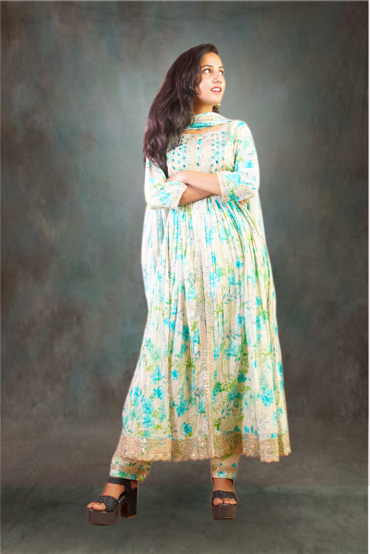 Cream Color Cotton Floral Printed Center Cut Anarkali Suit