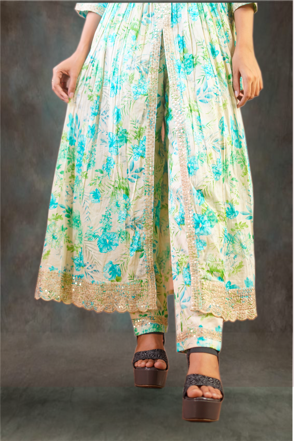 Cream Color Cotton Floral Printed Center Cut Anarkali Suit