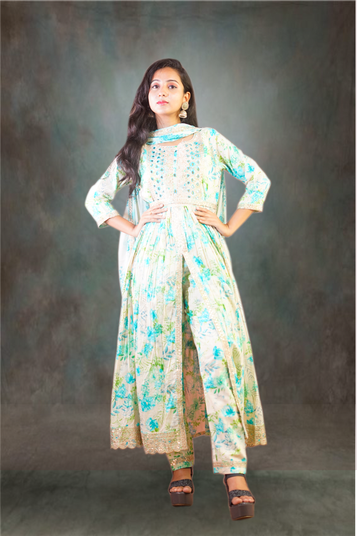 Cream Color Cotton Floral Printed Center Cut Anarkali Suit