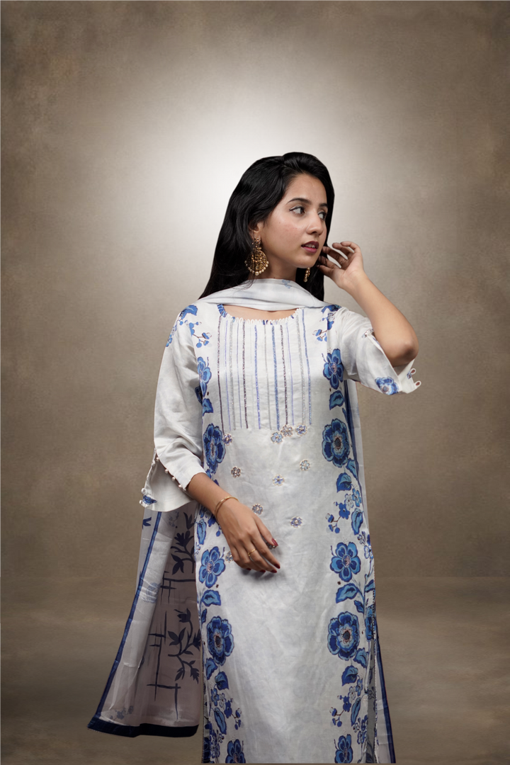 White & Blue Color Charmouse Silk Beads Worked Salwar Kameez