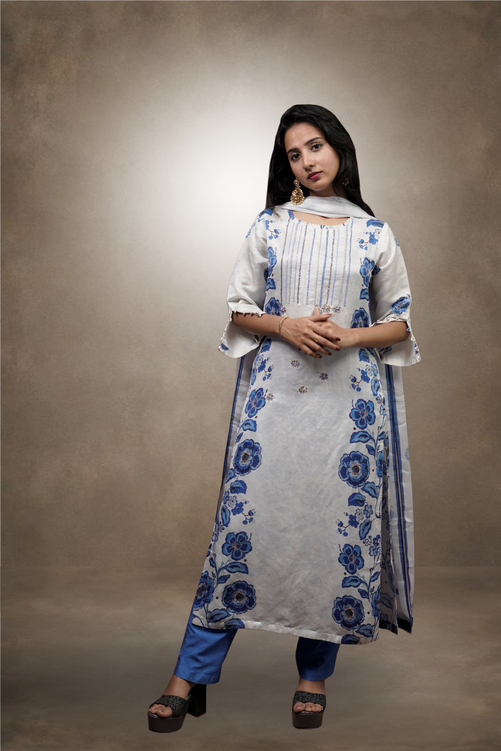 White & Blue Color Charmouse Silk Beads Worked Salwar Kameez