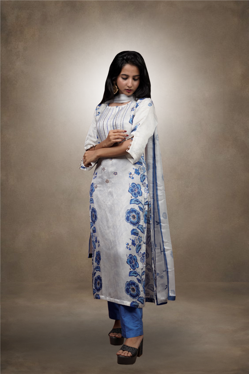 White & Blue Color Charmouse Silk Beads Worked Salwar Kameez