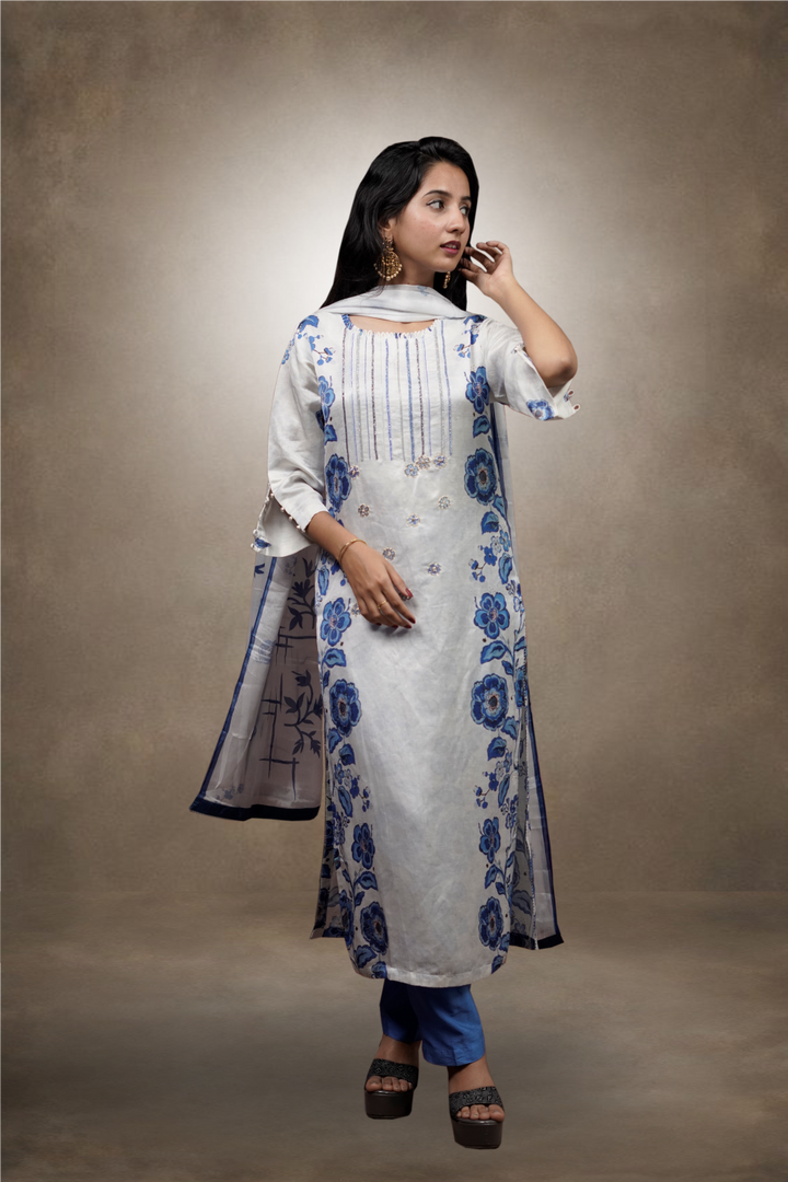 White & Blue Color Charmouse Silk Beads Worked Salwar Kameez