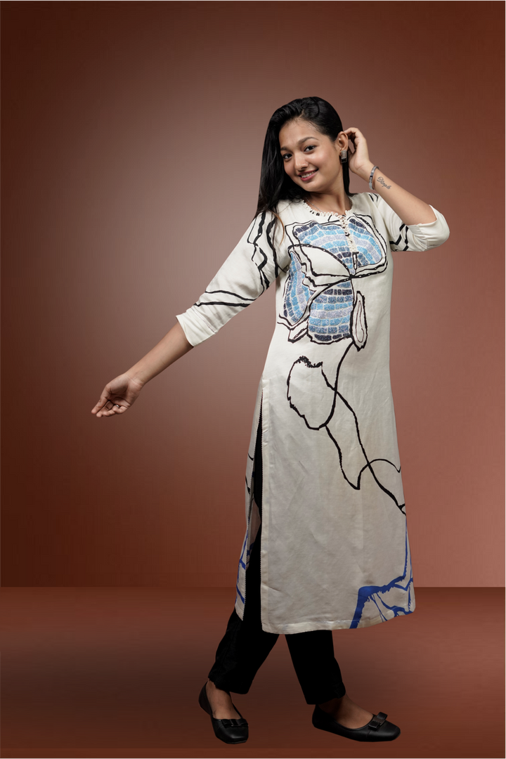 White Color Silk Beads  Worked Printed Salwar Kameez