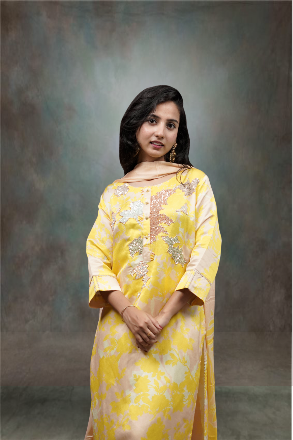 Yellow color Silk Zamki Worked Printed Salwar Kameez