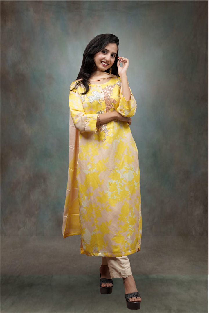 Yellow color Silk Zamki Worked Printed Salwar Kameez