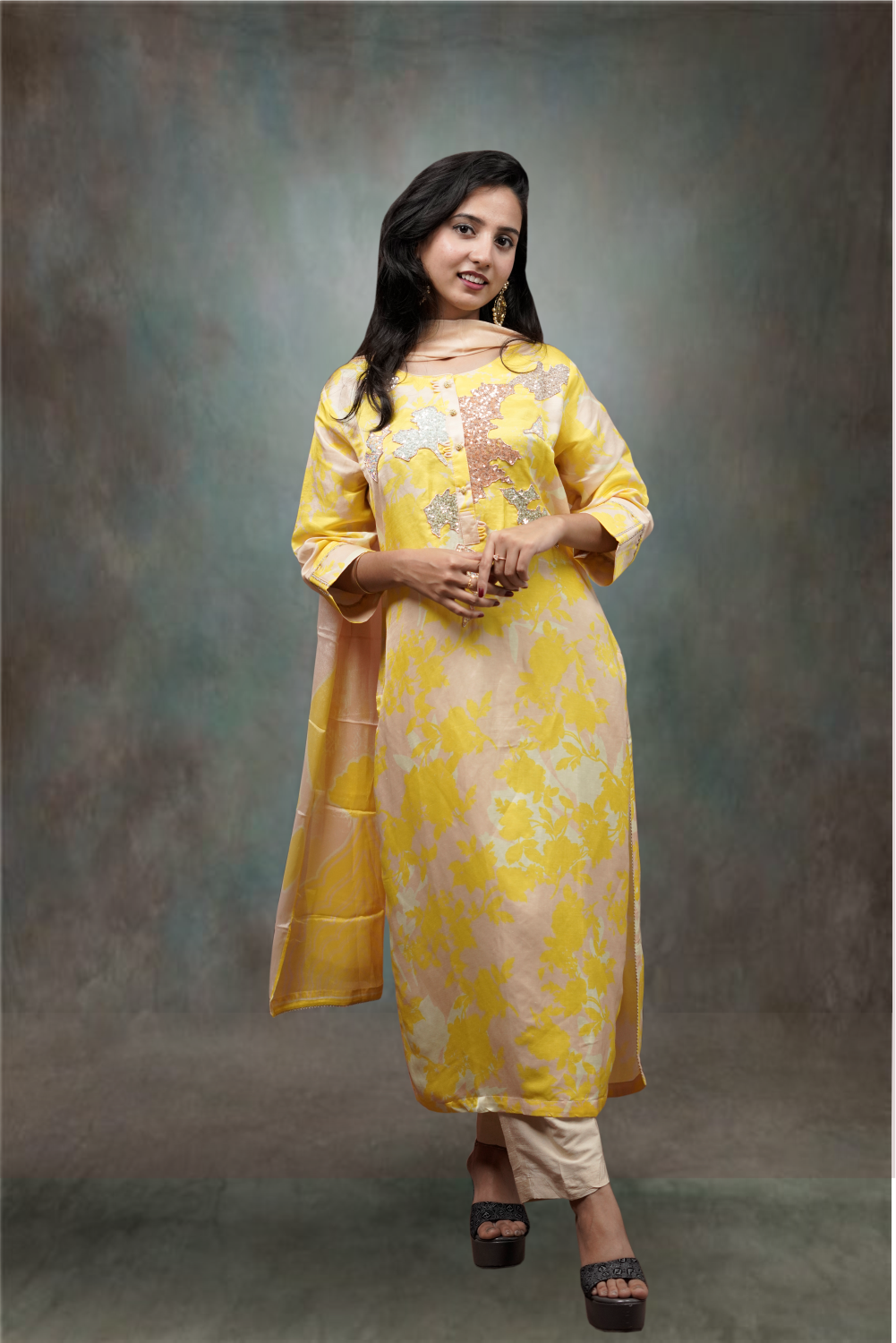 Yellow color Silk Zamki Worked Printed Salwar Kameez