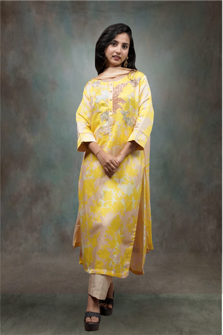 Yellow color Silk Zamki Worked Printed Salwar Kameez