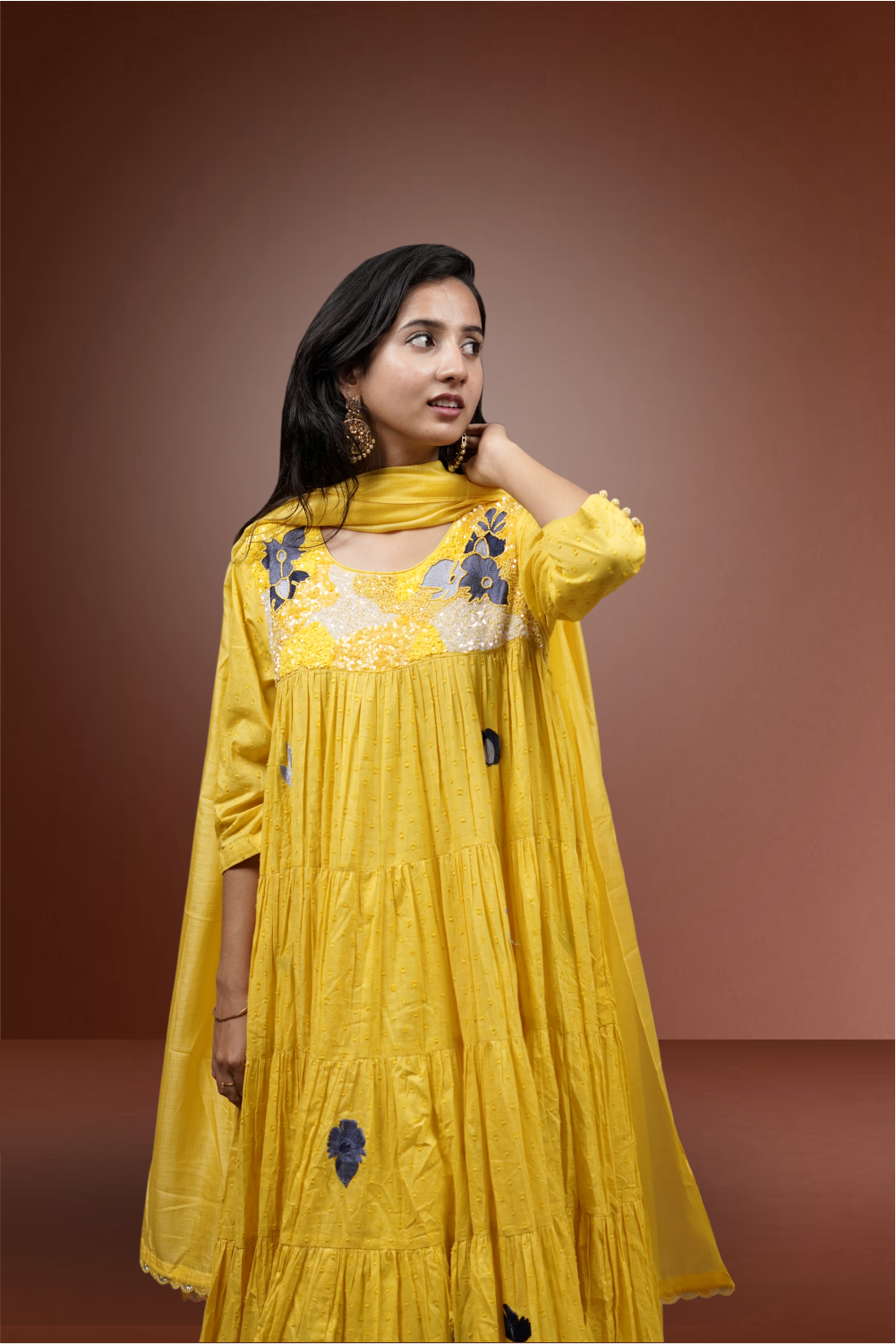 Yellow Color Pure Chanderi Jamki Worked Anarkali Suit