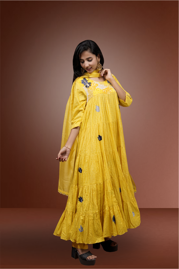 Yellow Color Pure Chanderi Jamki Worked Anarkali Suit