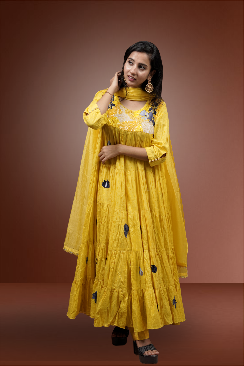 Yellow Color Pure Chanderi Jamki Worked Anarkali Suit