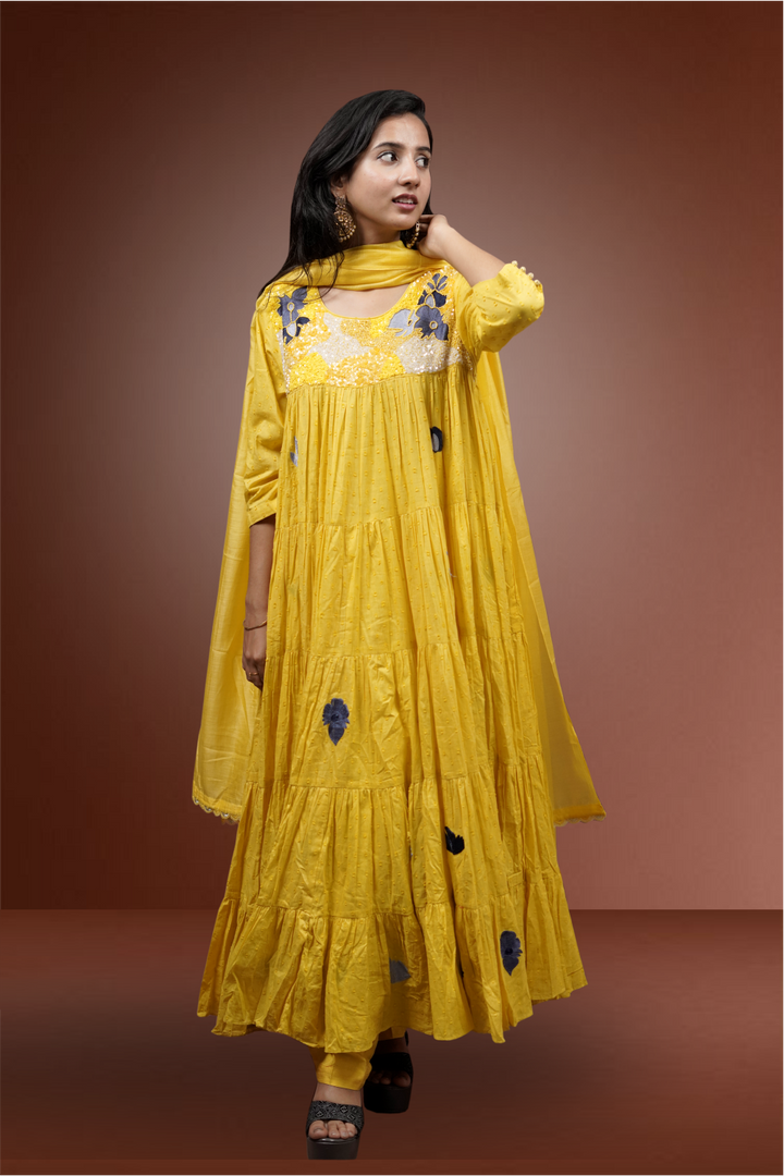 Yellow Color Pure Chanderi Jamki Worked Anarkali Suit