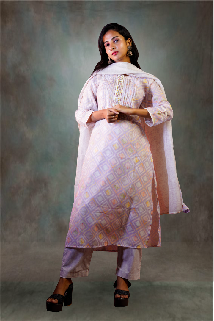 Lilac Color Cotton Printed Worked Salwar Kameez