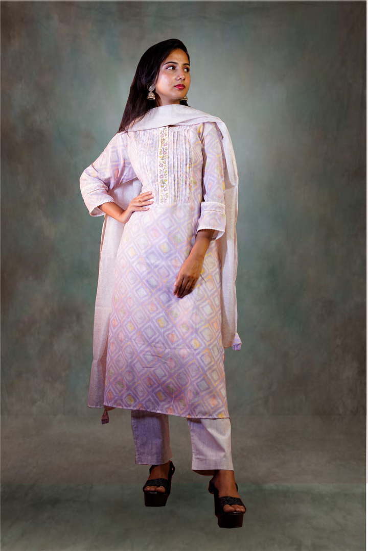 Lilac Color Cotton Printed Worked Salwar Kameez