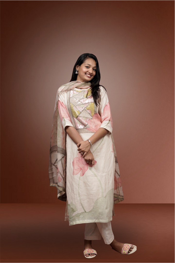 Cream Color Linen Bold Floral Printed Salwar Kameez