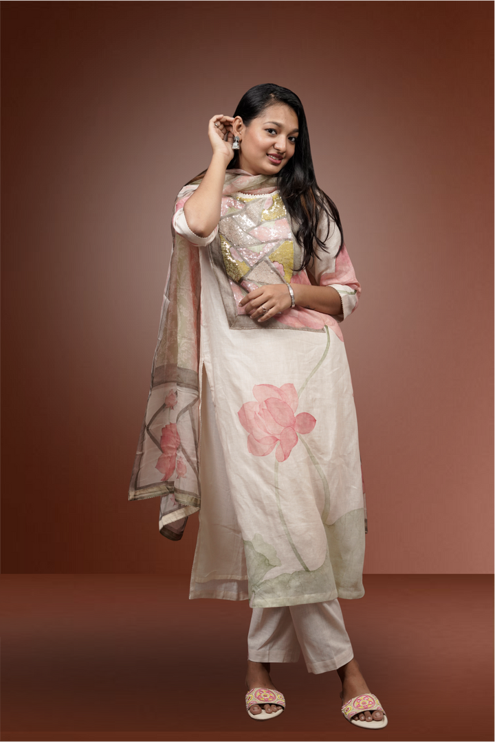 Cream Color Linen Bold Floral Printed Salwar Kameez