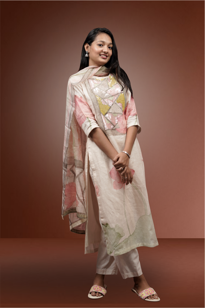 Cream Color Linen Bold Floral Printed Salwar Kameez