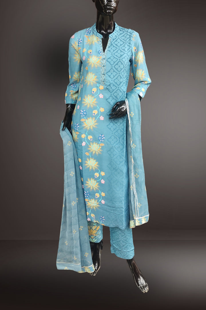 Blue Pure Chanderi Printed Salwar Kameez