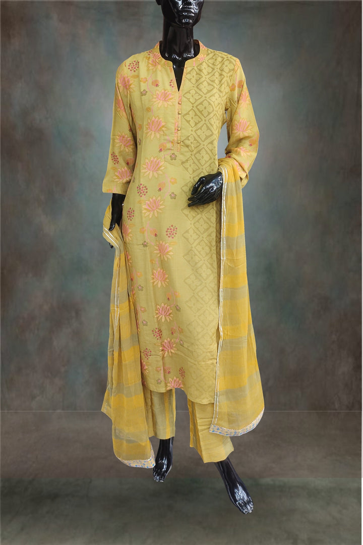 Olive Green Pure Chanderi Printed Salwar Kameez