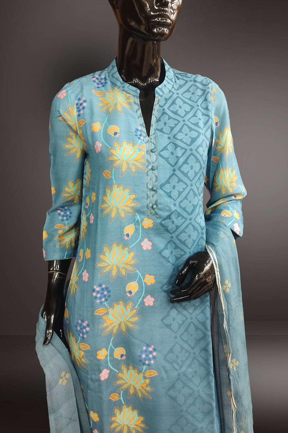 Blue Pure Chanderi Printed Salwar Kameez