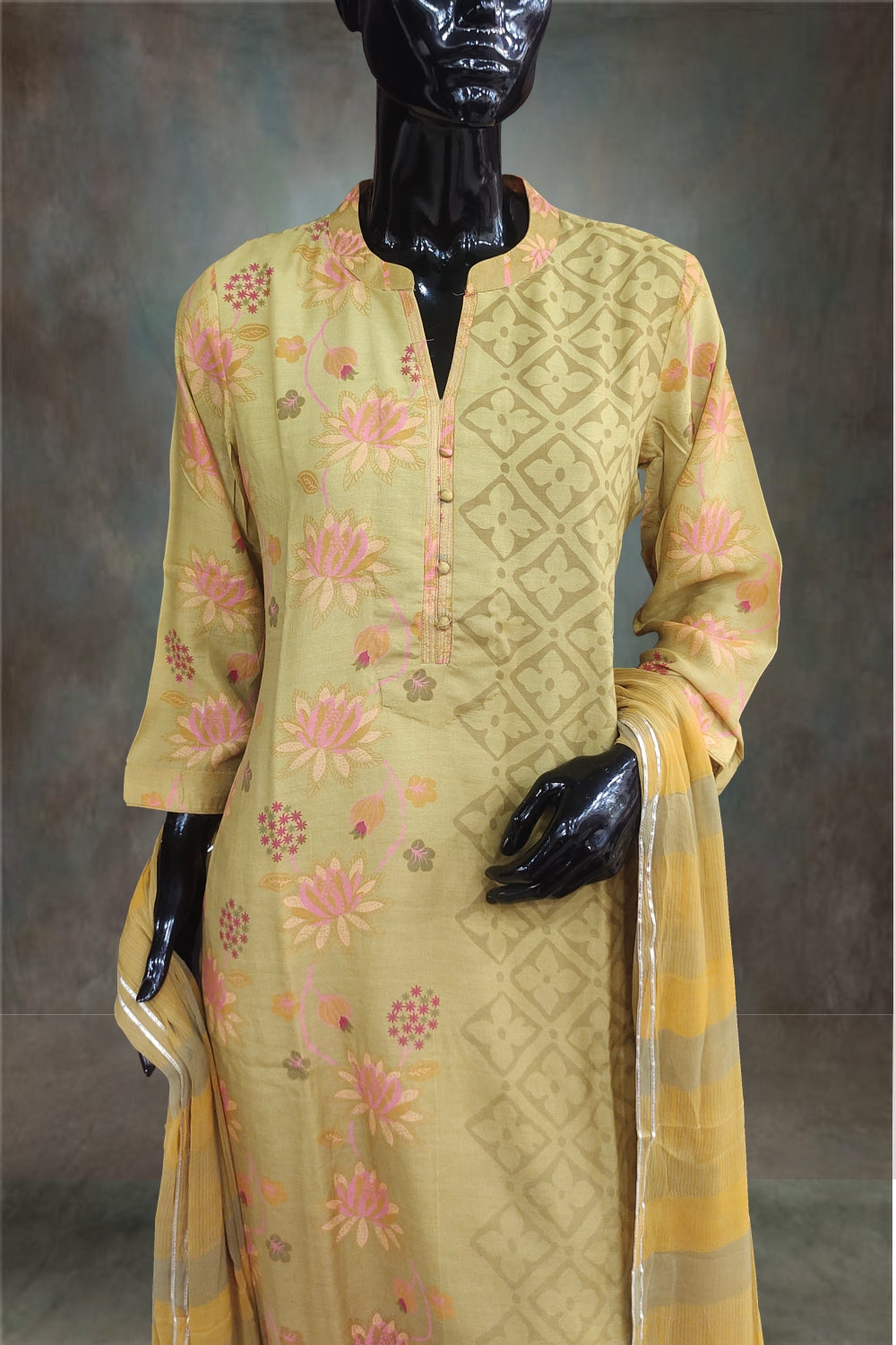 Olive Green Pure Chanderi Printed Salwar Kameez