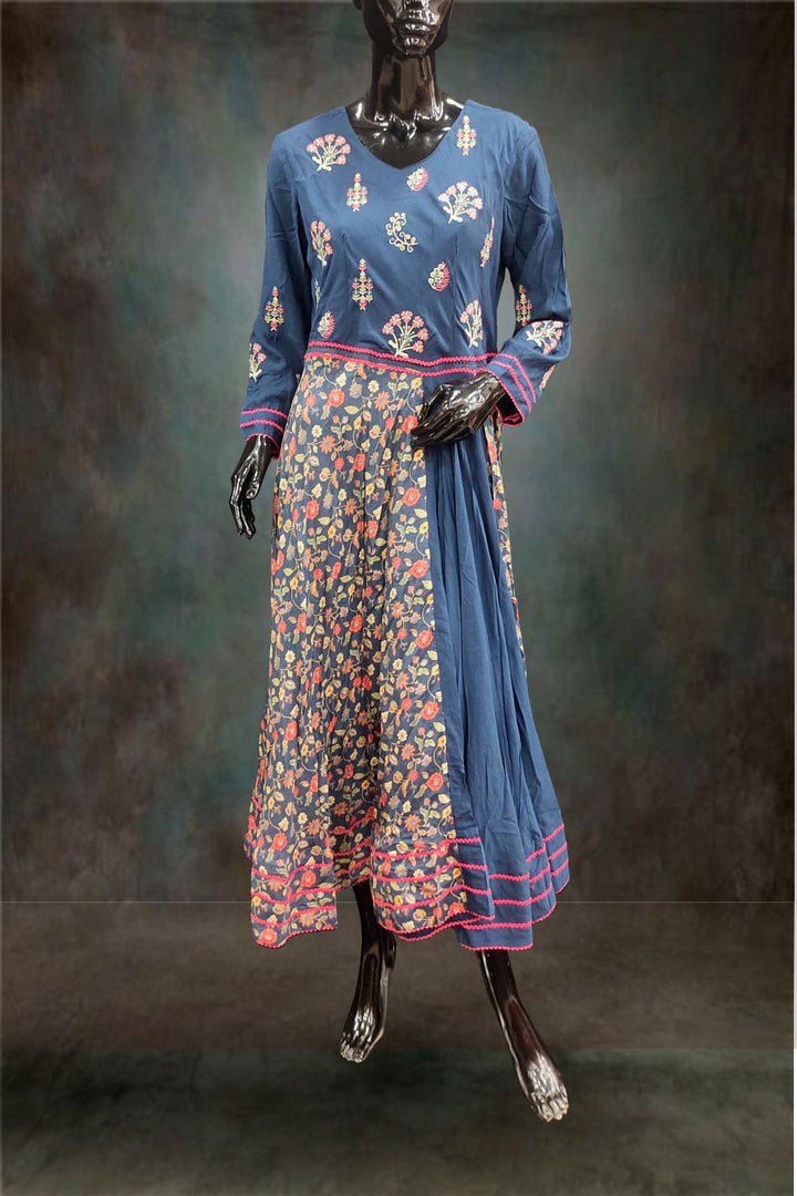 Semi Silk Floral Printed with Embroidered Anarkali Gown