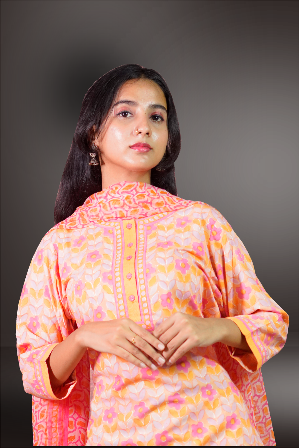 Peach Color Cotton Block Printed Straight Cut Salwar Kameez