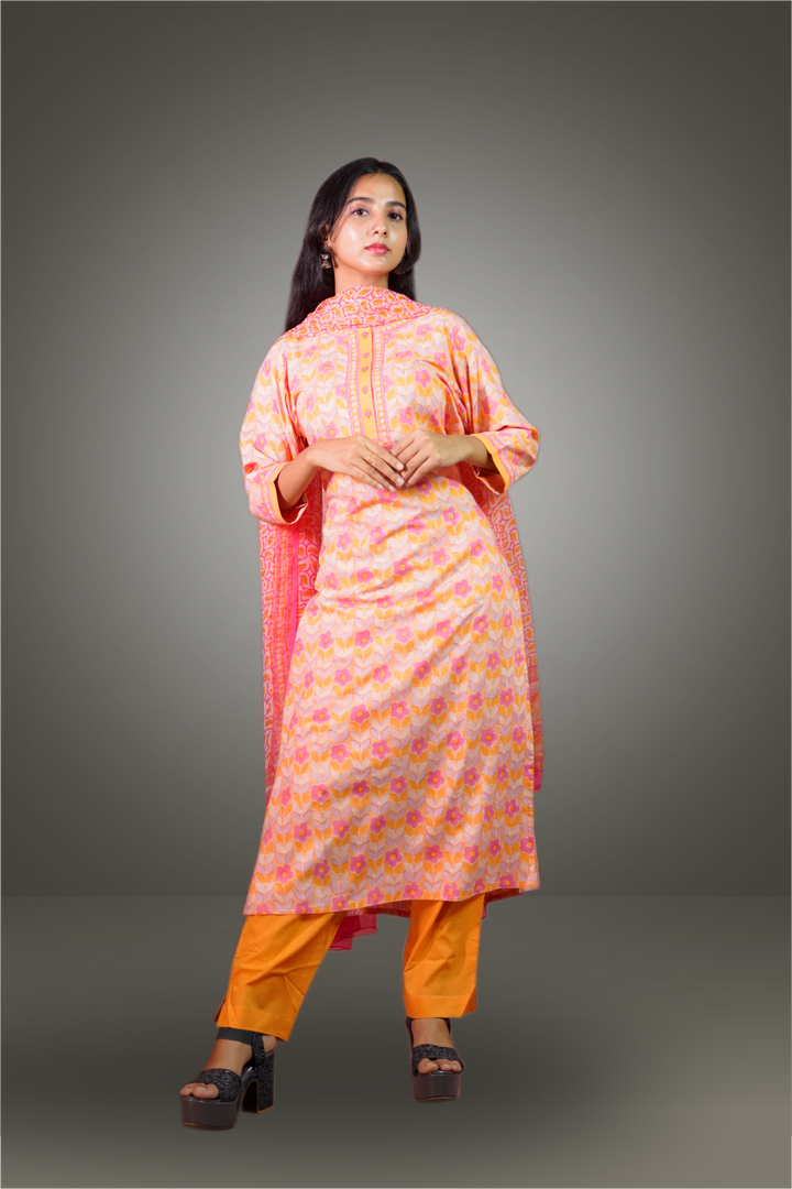 Peach Color Cotton Block Printed Straight Cut Salwar Kameez