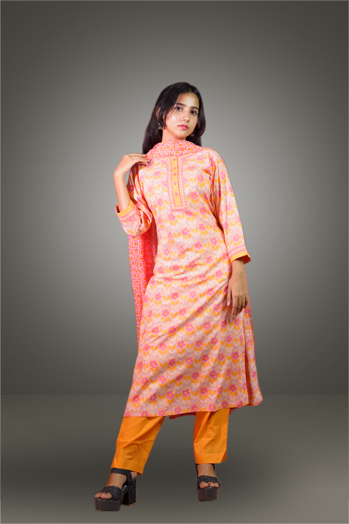 Peach Color Cotton Block Printed Straight Cut Salwar Kameez