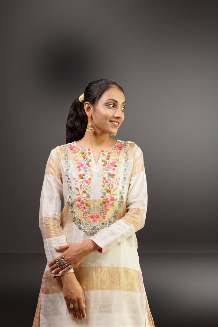 Golden & White Tissue Silk Thread Embroidery Worked Anarkali Suit