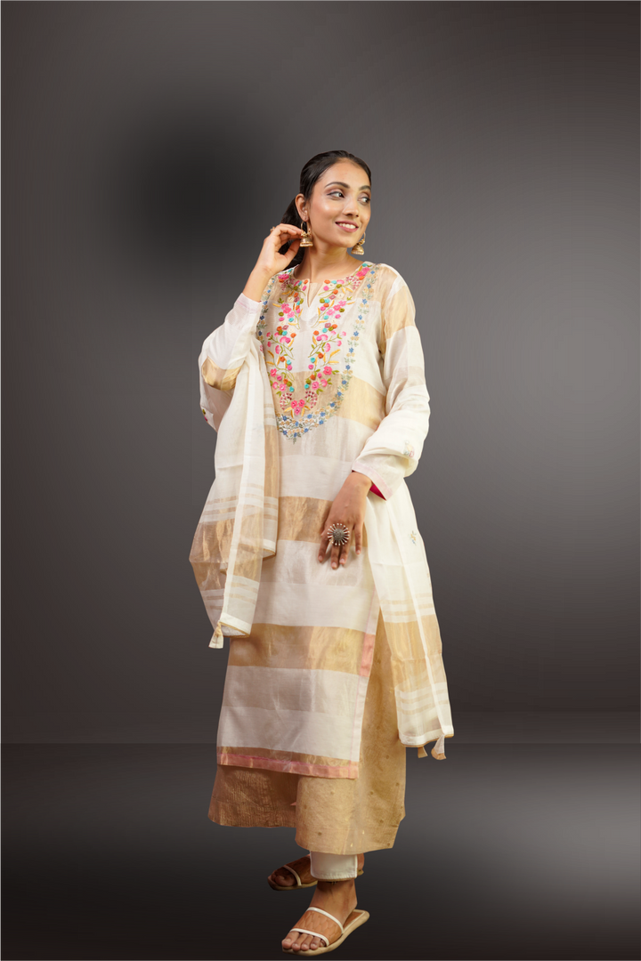 Golden & White Tissue Silk Thread Embroidery Worked Anarkali Suit