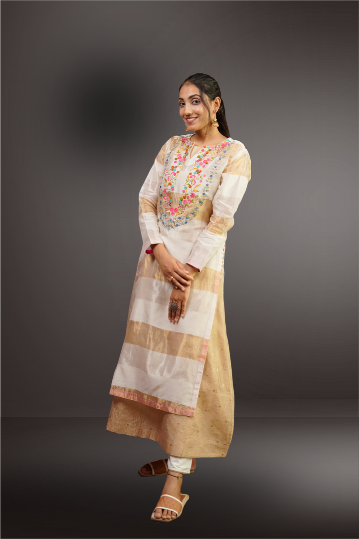 Golden & White Tissue Silk Thread Embroidery Worked Anarkali Suit