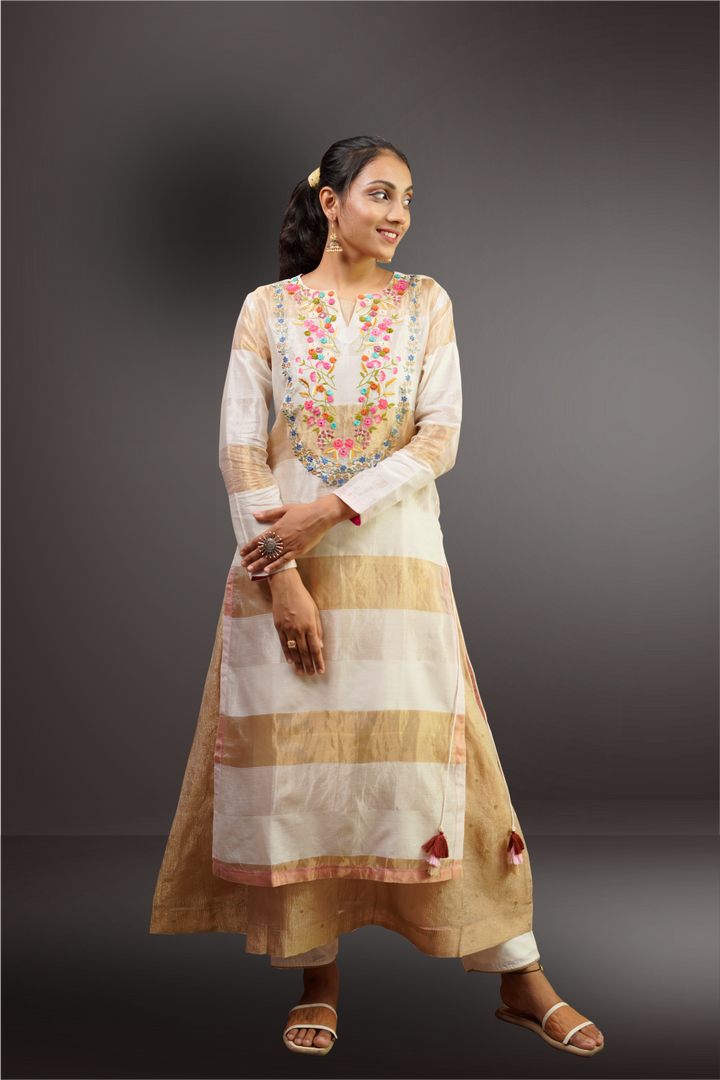 Golden & White Tissue Silk Thread Embroidery Worked Anarkali Suit