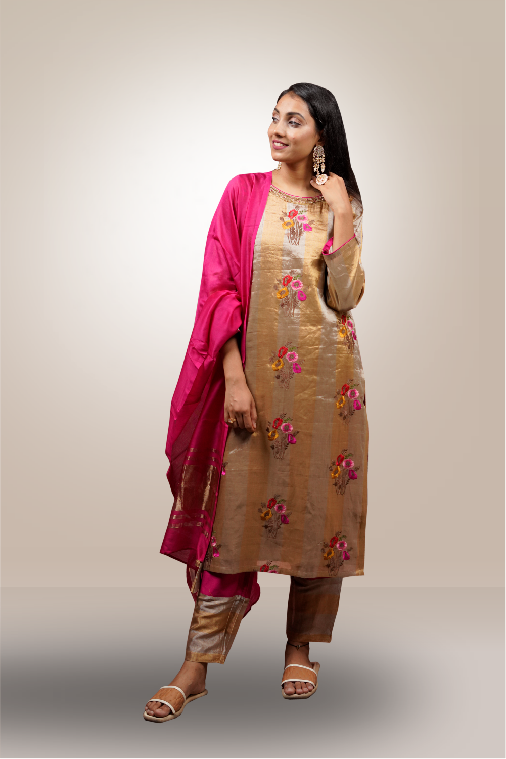 Tissue Silk Gold Shaded Straight Cut Salwar Kameez