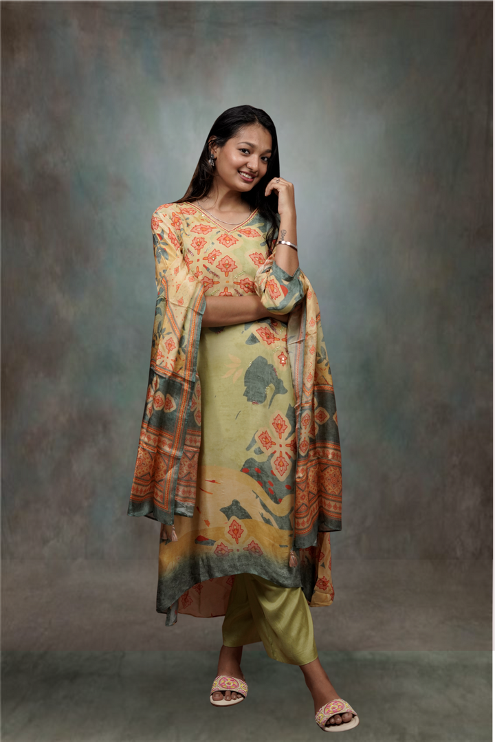 Light Green Color Crepe Silk Printed Salwar Kameez