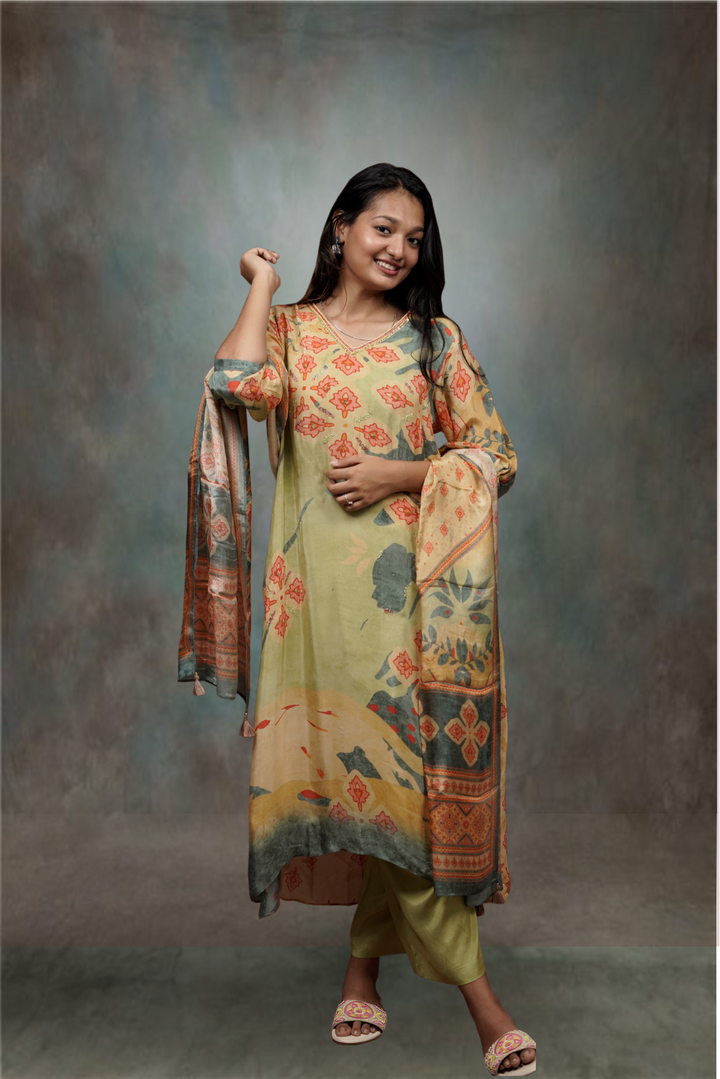 Light Green Color Crepe Silk Printed Salwar Kameez